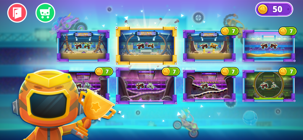 Monster Truck Games kids - Ein Charakter hält einen goldenen Pokal vor einer Auswahl an Monstertruck-Rennarenen.