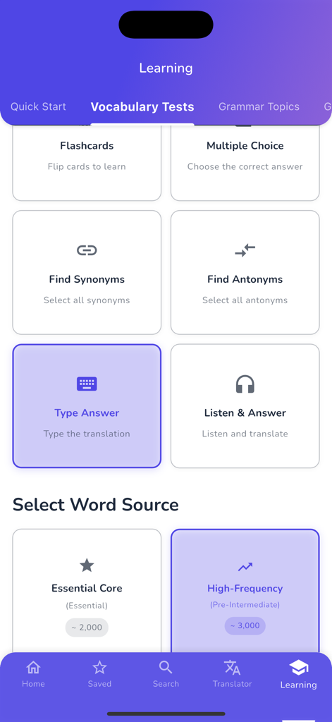 Vocabulary tests and word source selection screen in the English Uzbek Dictionary BRIDG app