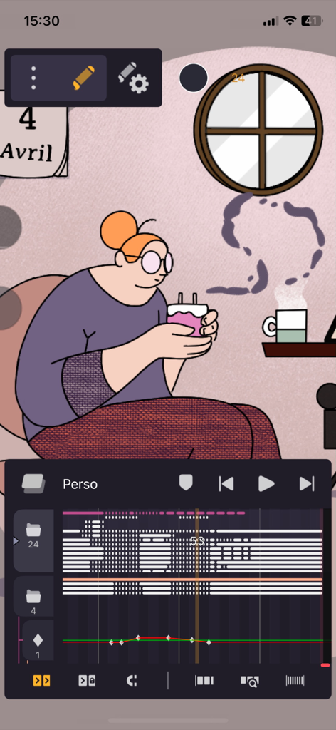 Callipeg mini: Animation App - Callipeg mini app interface showing 2D animation timeline and character drawing on iPhone