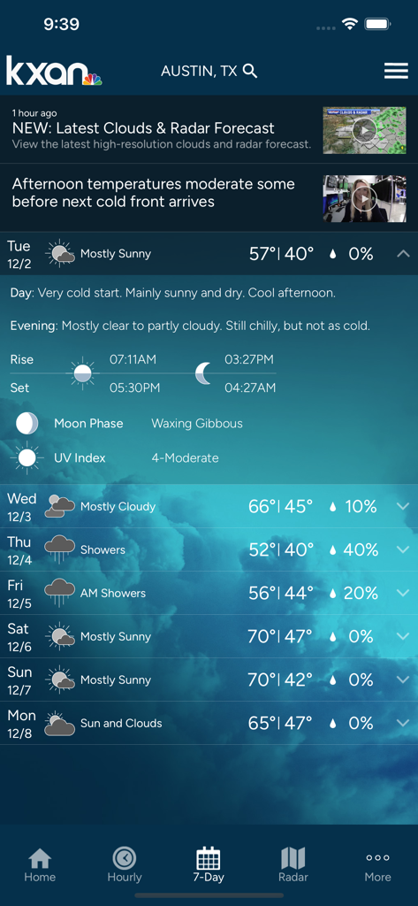 Interfaccia dell'app KXAN Meteo che mostra le previsioni a 7 giorni per Austin, Texas, con temperature massime e minime giornaliere e condizioni meteorologiche.