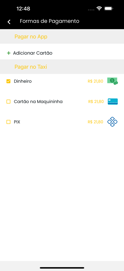Táxi Belô - Pantalla de selección de pago en la aplicación Taxi Belo que muestra opciones para efectivo, tarjeta y PIX con una estimación de tarifa en Reales Brasileños