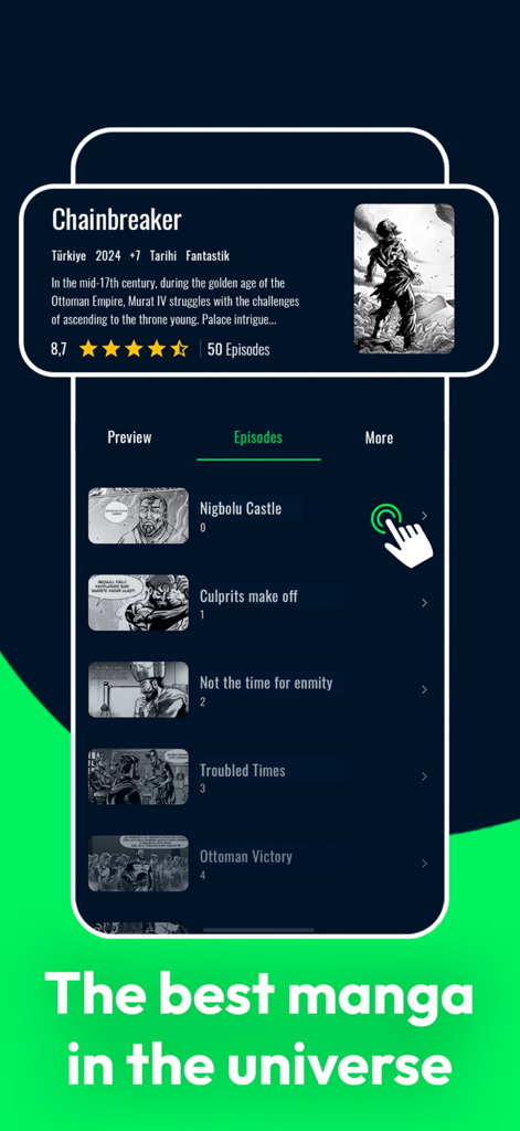 clickia - Clickia app interface showing a list of manga episodes for the title Chainbreaker