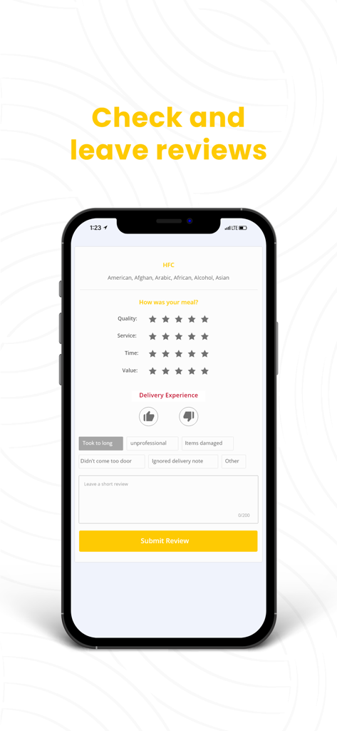 HFC - Official App - Captura de tela da tela de avaliação e classificação do aplicativo oficial HFC, onde os usuários podem avaliar a qualidade da comida e a experiência de entrega.