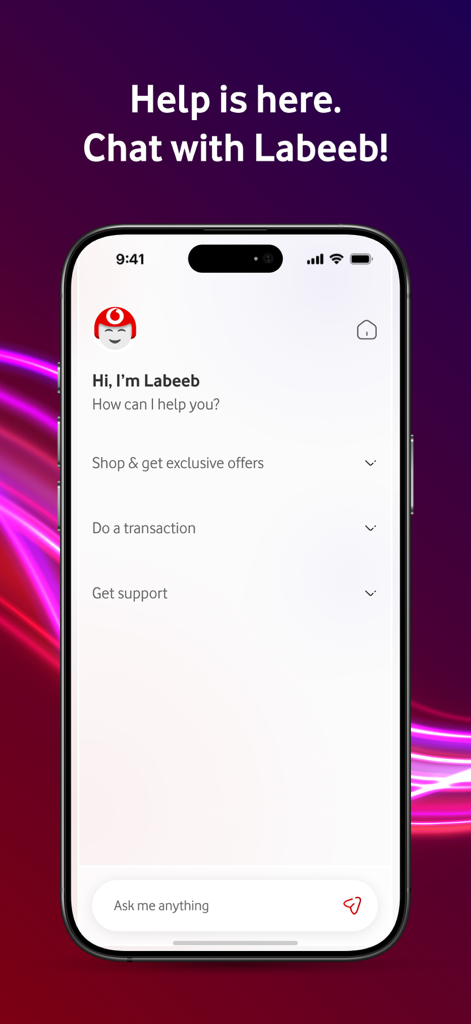 My Vodafone (Qatar) - Labeeb AI chatbot interface in the My Vodafone Qatar app for customer support