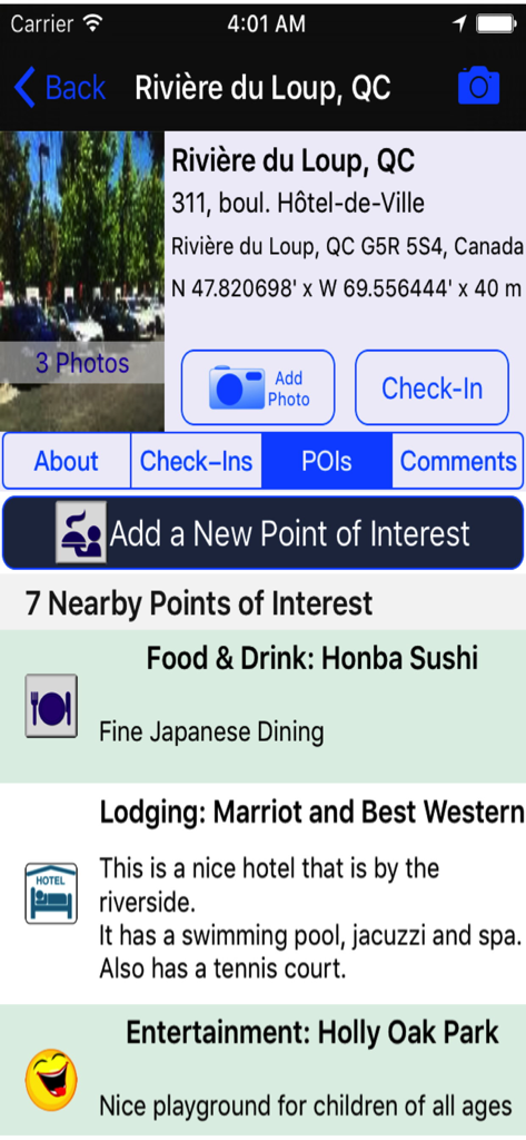 Écran d'application mobile montrant les points d'intérêt locaux comme les restaurants et les hôtels à proximité d'une station de Superchargeurs Tesla au Québec