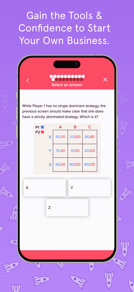 Interactive game theory lesson screen in the Quantic School of Business mobile app showing a payoff matrix and multiple choice options
