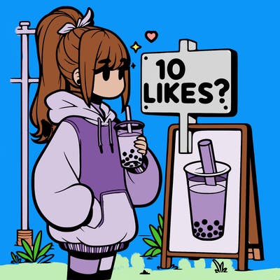 girl with oversized hoodie drinking boba and she has a high ponytail with a sign that says 10likes?