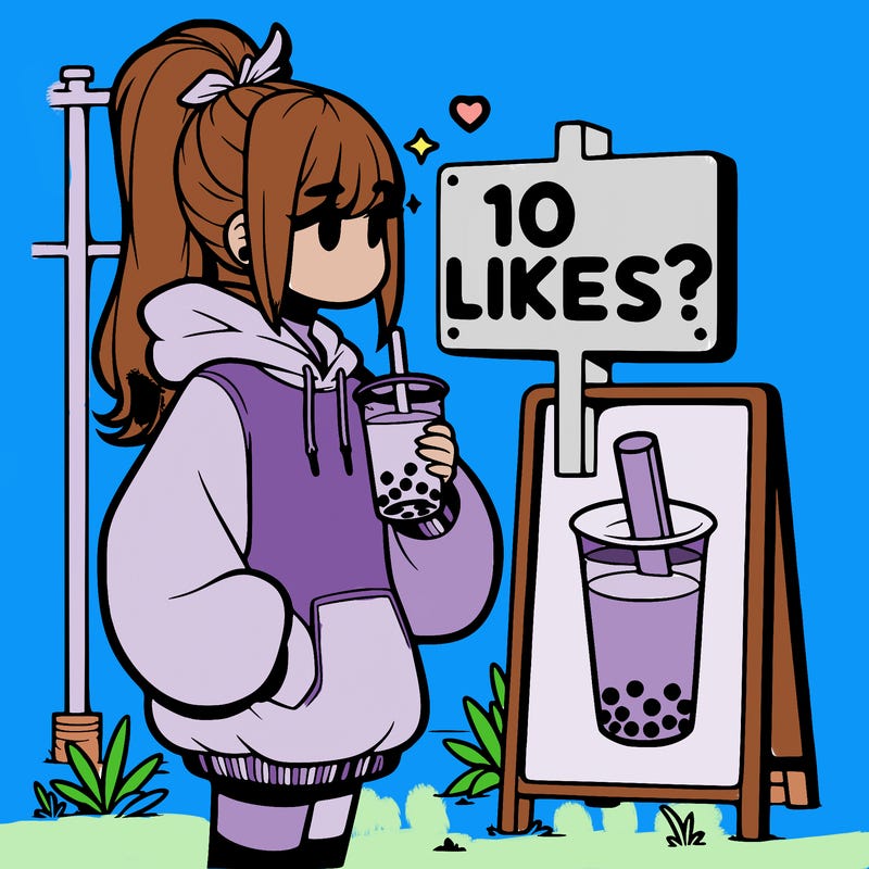 girl with oversized hoodie drinking boba and she has a high ponytail with a sign that says 10likes?