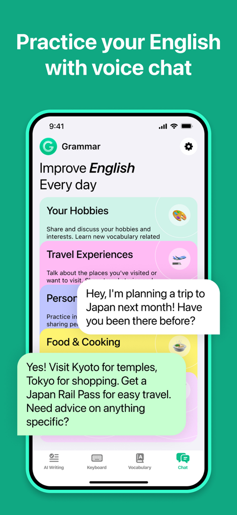 AI-powered English practice voice chat with conversational topics