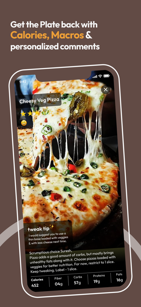 Tweak & eat with eatGPT - 치즈 야채 피자에 대한 AI 영양 분석 및 매크로를 보여주는 모바일 앱 인터페이스