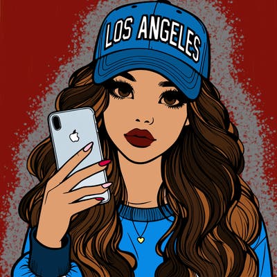realistic beautiful girl wearing los ángeles cap holding an iphone