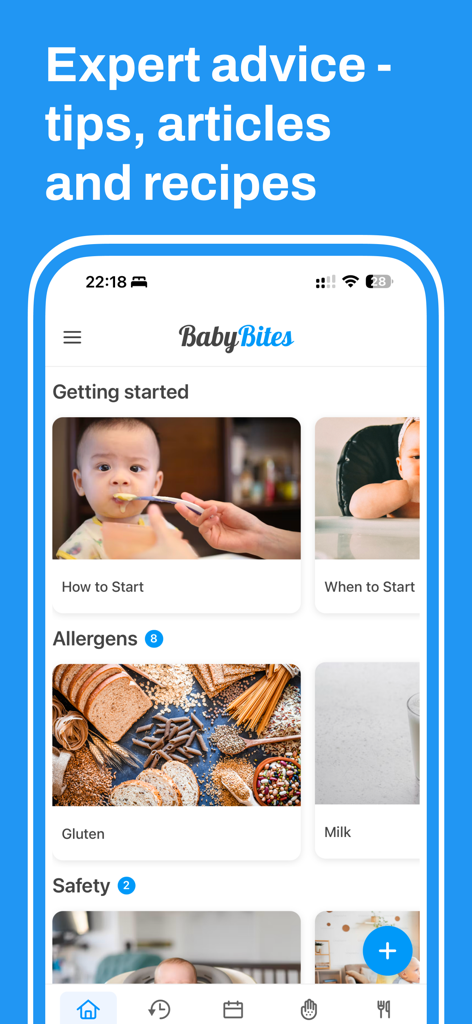 BabyBites - First baby foods - BabyBites app dashboard featuring expert feeding advice and allergen tracking