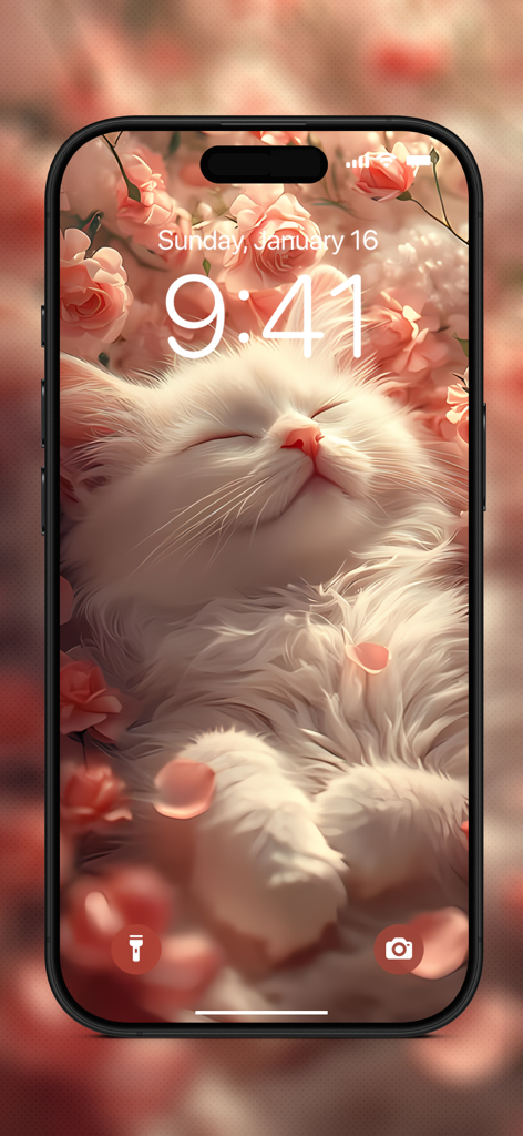 Cute Cat Wallpapers 4K - A fluffy white cat sleeping among pink roses on a phone lock screen