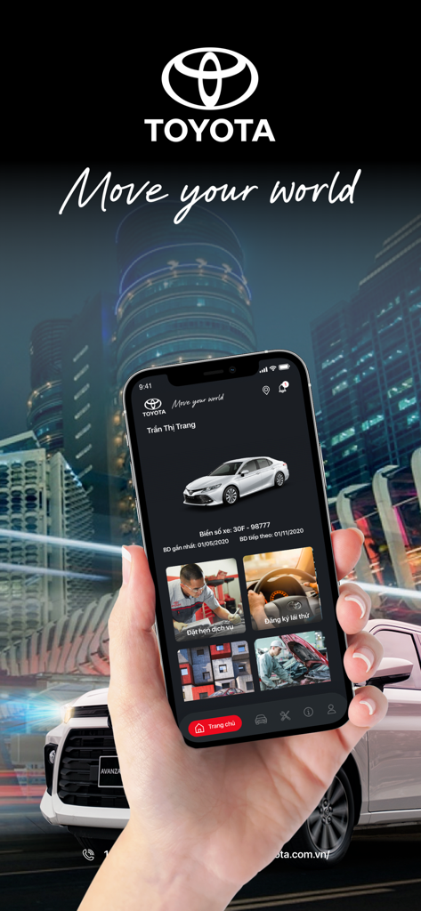 Toyota Vietnam mobile app home screen held in a hand showing car maintenance and service booking options