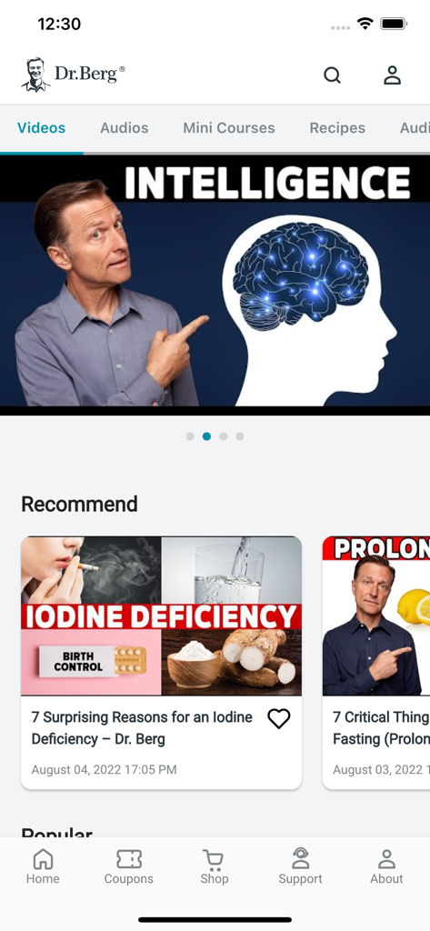 Dr. Berg - Dr Berg app home screen showcasing health education videos and wellness categories