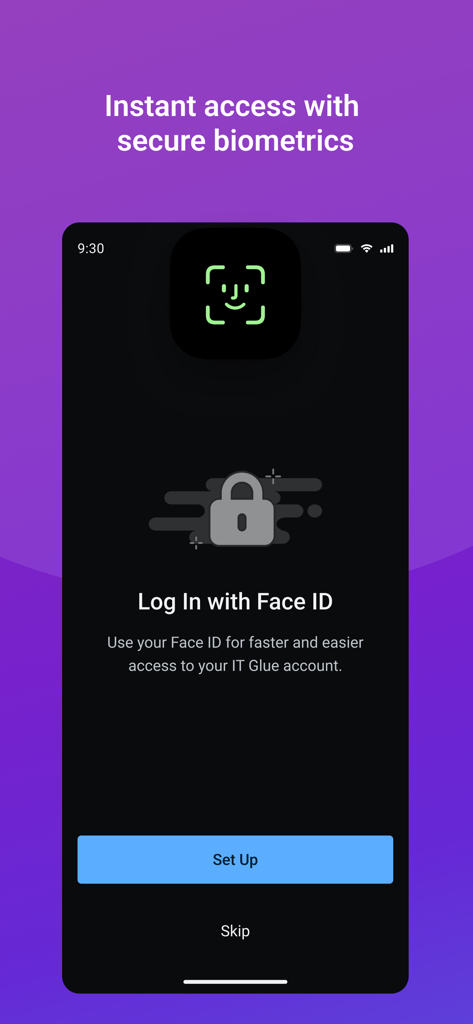 IT Glue app screen for setting up Face ID login for secure and fast biometric access.