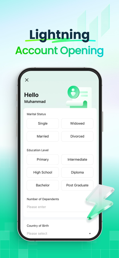 Interface de l'application de trading Sahm montrant un formulaire d'ouverture de compte rapide pour les nouveaux utilisateurs.