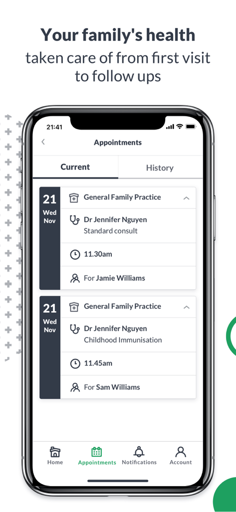 HotDoc mobile app interface showing upcoming medical appointments for multiple family members