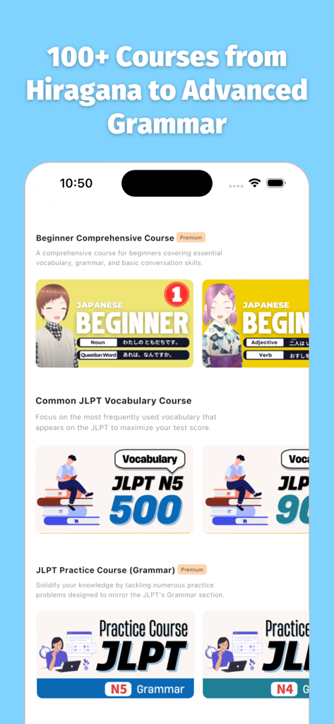 Meshclass: AI Japanese Tutor - 초급부터 고급 JLPT 레벨까지 100개 이상의 일본어 학습 코스를 보여주는 앱 인터페이스