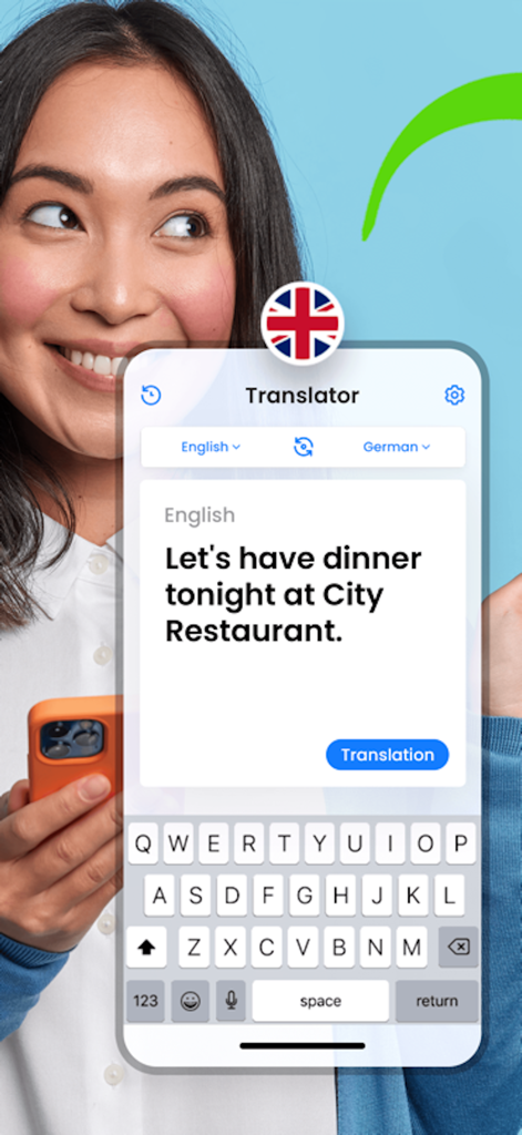 Translate All Language ® - English to German text translation interface in the Translate All Language app on an iPhone