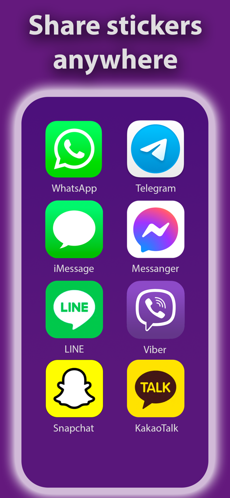 Pro Stickers Maker 3D - Interfaz que muestra iconos de aplicaciones de mensajería como WhatsApp iMessage y Telegram para compartir stickers personalizados