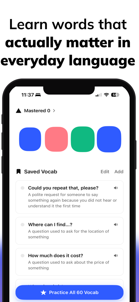 Kaboo AI: Learn To Speak - Schermata di un'app mobile che mostra un elenco di frasi salvate per l'apprendimento quotidiano della lingua come chiedere prezzi o indicazioni.