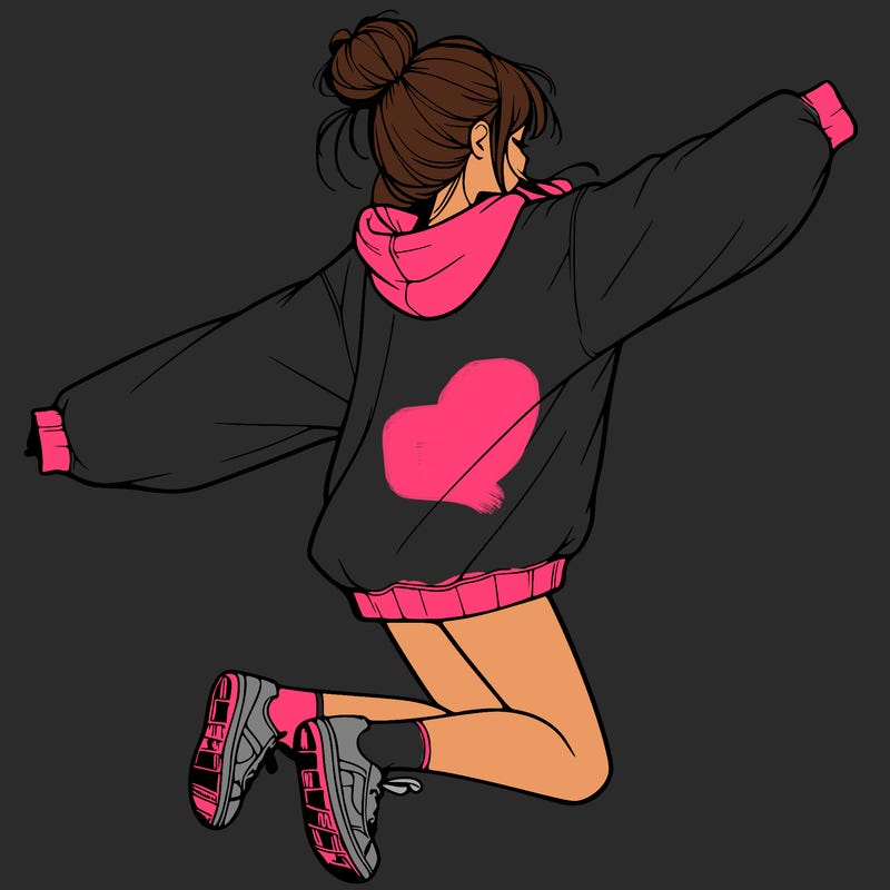 realistic girl jumping with a bun and oversized sweatshirt