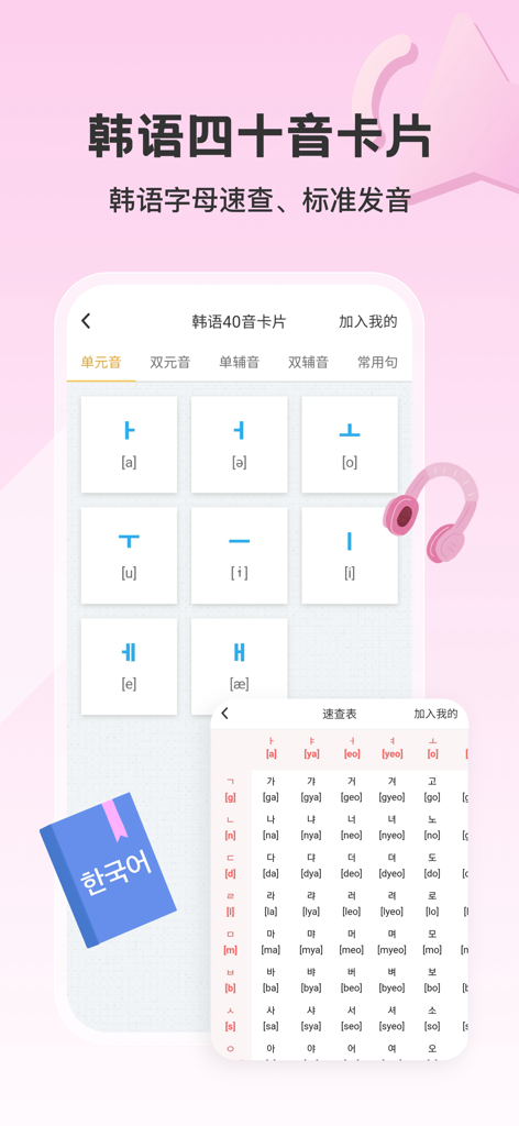 外研社韩语-官方正版出品 - 外研社韓国語アプリの画面。ハングル文字と発音ガイド付きの韓国語アルファベットカードが表示されています。