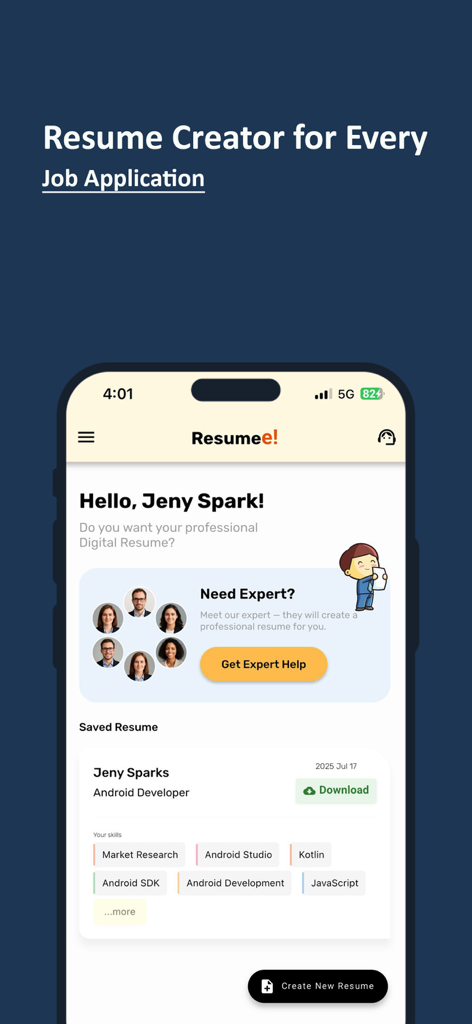 CV & Resume Builder - Resumee - Pantalla de inicio de la aplicación Resumee que muestra un currículum guardado para un Desarrollador Android y un botón para crear un nuevo CV