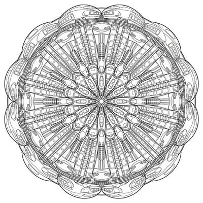 Discover the thrilling fusion of engineering marvels and ancient art with this unique high-speed train mandala. This intricate coloring page offers a captivating challenge for adults and teens alike.
