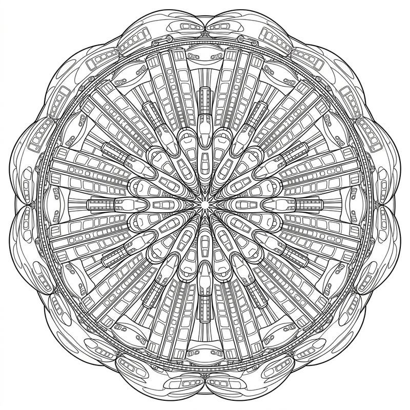 Discover the thrilling fusion of engineering marvels and ancient art with this unique high-speed train mandala. This intricate coloring page offers a captivating challenge for adults and teens alike.