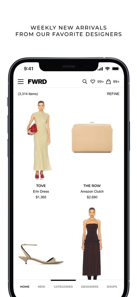 FWRD app interface showing weekly new arrivals from luxury designers like Tove and The Row