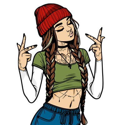 realistic teenage girl with braids and a beanie and crop top doing 🫶🏼