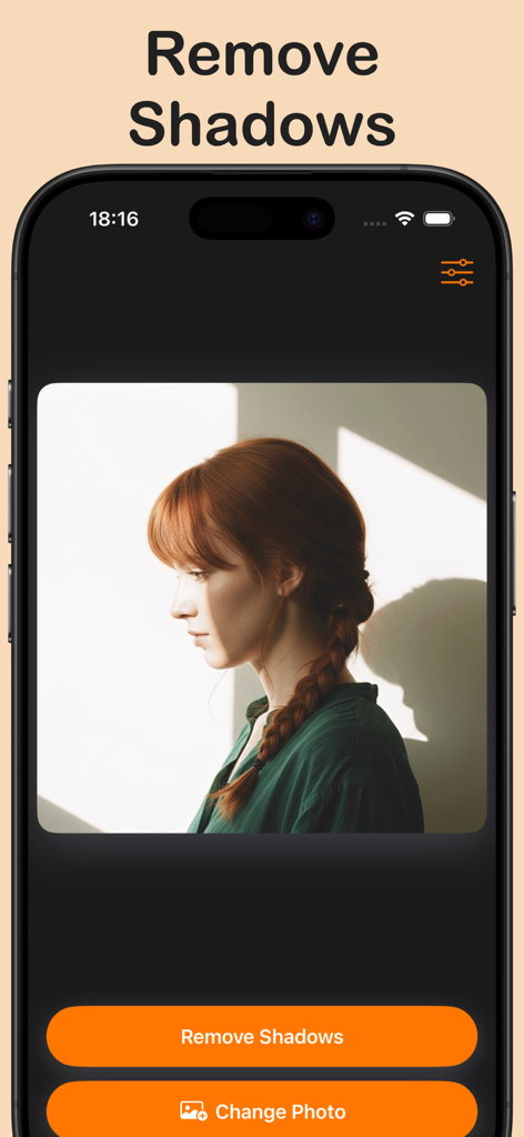 An iPhone screenshot showing the Remove Shadow In Photo app interface with a portrait of a woman and buttons to remove shadows or change photos.