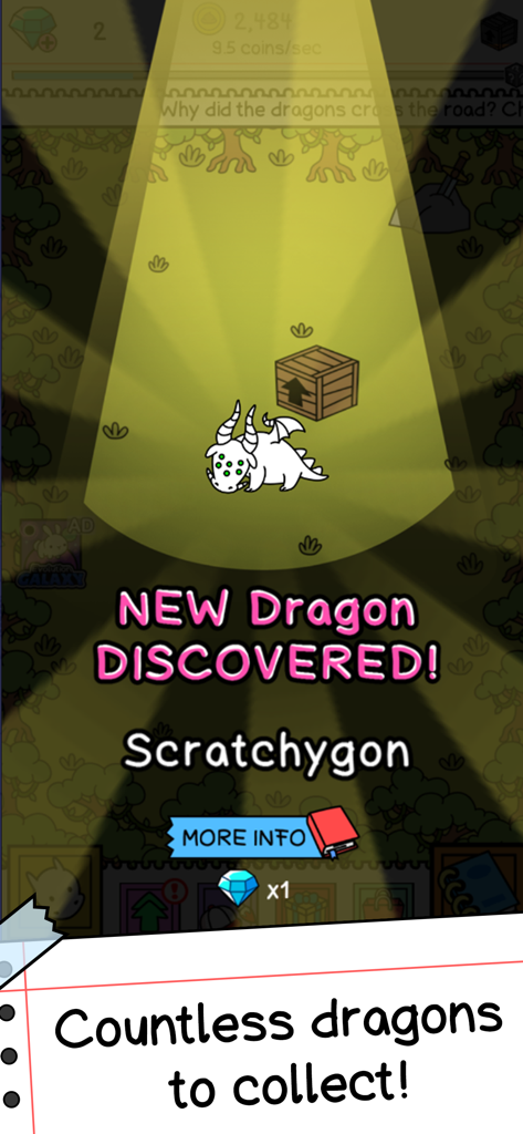 A screenshot showing a new dragon called Scratchygon discovered in the Dragon Evolution Merge Beast game