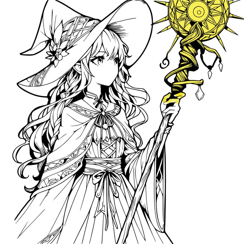 a realistic fantasy manga witch with a staff