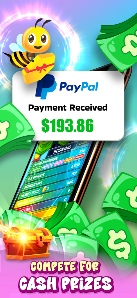 Bingo Honey: Win Real Prizes - Interfaz de la aplicación Bingo Honey mostrando una notificación de pago de PayPal y premios en efectivo