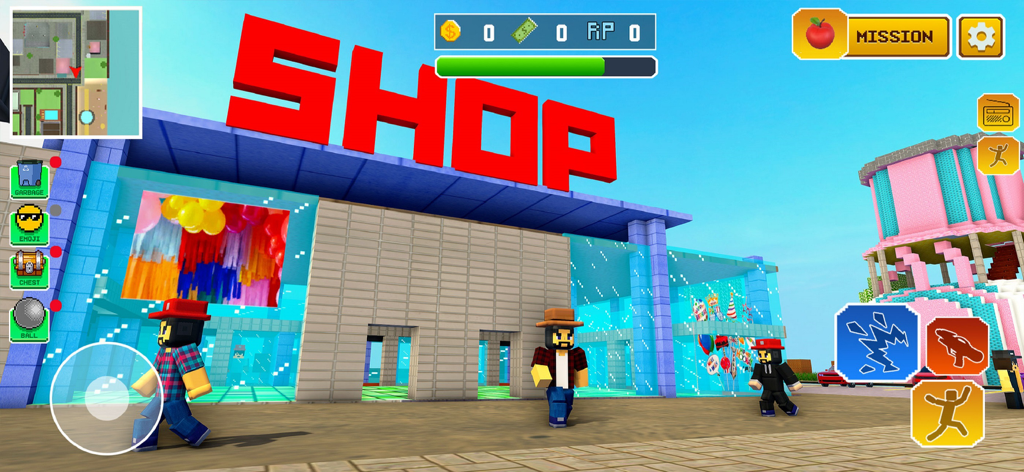 Block Party Fun World - Pixelated characters walking in front of a shop in the Block Party Fun World mobile game