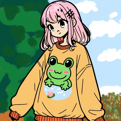 girl wearing frogging sweatshirt