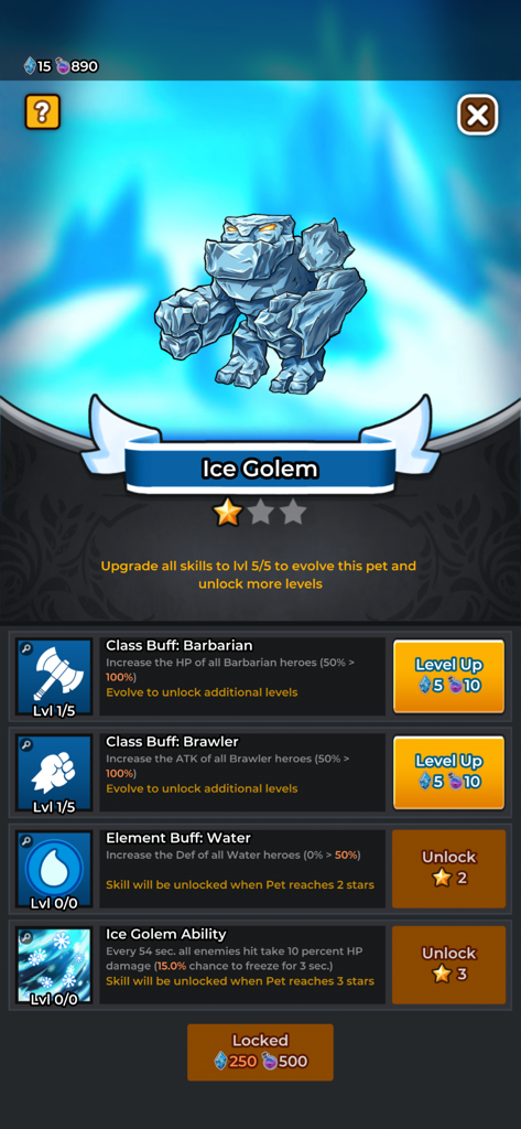 Eisgolem-Pet-Fähigkeiten und Upgrade-Interface in Crush Them All Idle RPG