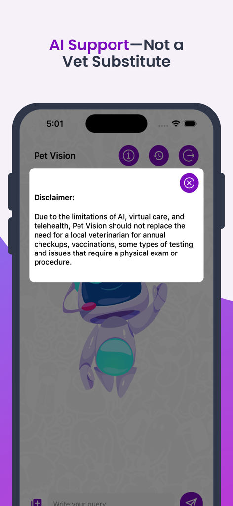 Petvis - Petvisアプリの医療免責事項画面、AIサポートは専門の獣医師の代わりにはならないと記載