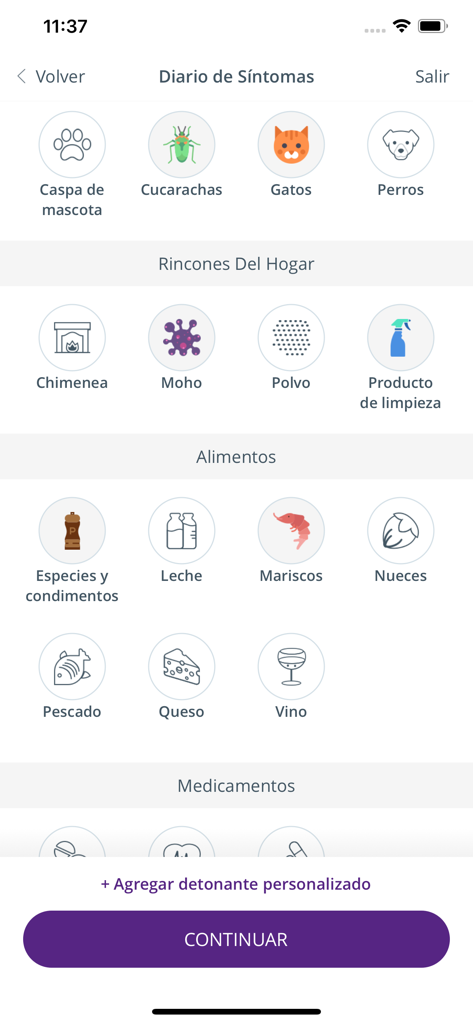Respiramas - Respiramas mobile app symptom diary showing categories for asthma and allergy triggers
