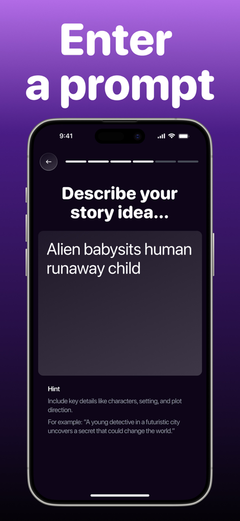 Book creator story generator - Interfaz de la aplicación generadora de historias Book Creator que muestra un campo de texto para introducir una indicación de escritura de IA