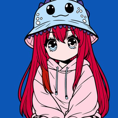 girl with anime shaped eyes with a dinosaur bucket hat oversized sweatshirt long straight hair