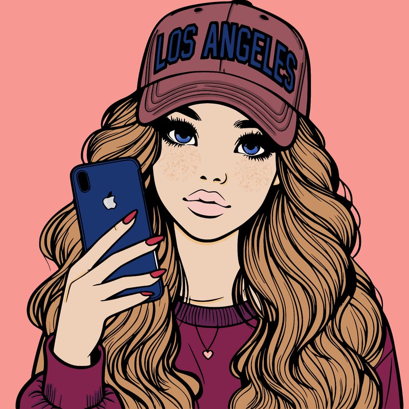 realistic beautiful girl wearing los ángeles cap holding an iphone