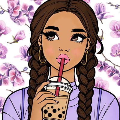 realistic girl with braided hair drinking boba