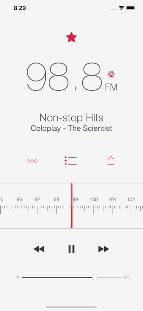 RadioApp - A Simple Radio App - Minimalist RadioApp interface showing an analog inspired FM tuner dial playing 98.8 FM
