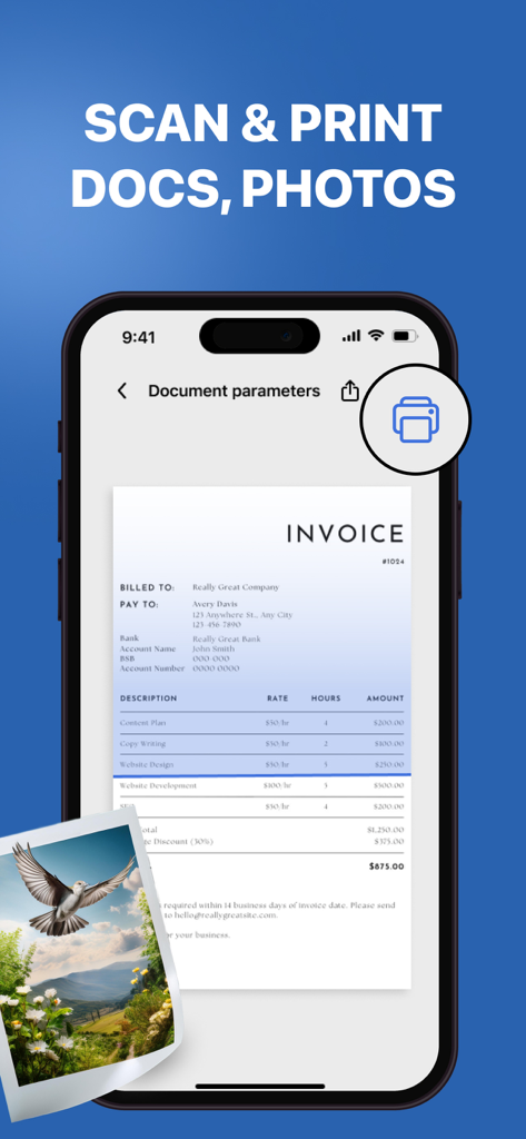 Printer App · Smart Air Print - Una interfaz de teléfono inteligente que muestra una factura digital y una foto en formato horizontal listas para imprimir de forma inalámbrica