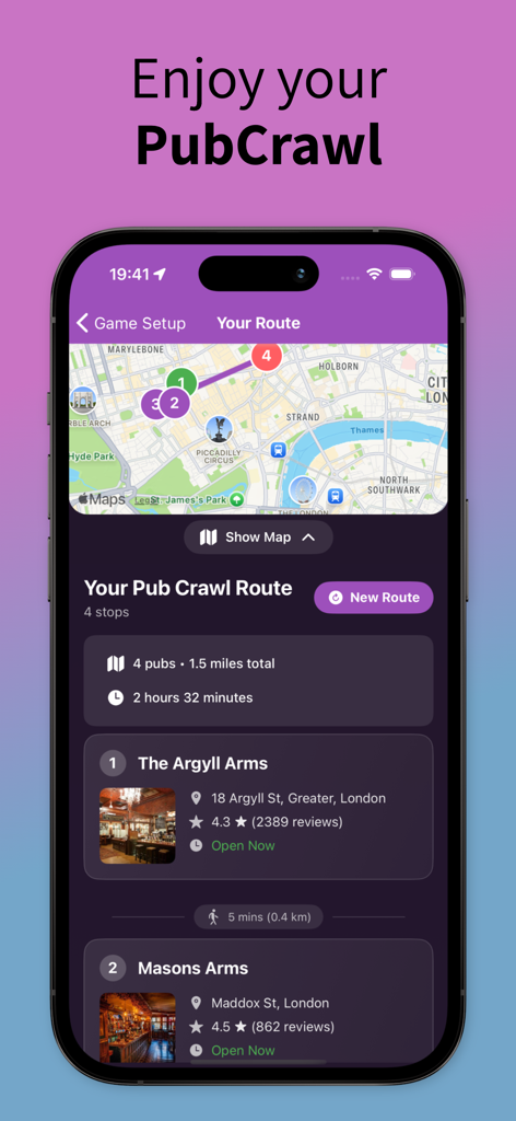 A smartphone screen displaying a custom pub crawl route in London with a map and venue details