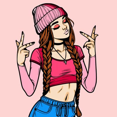 realistic teenage girl with braids and a beanie and crop top doing 🫶🏼
